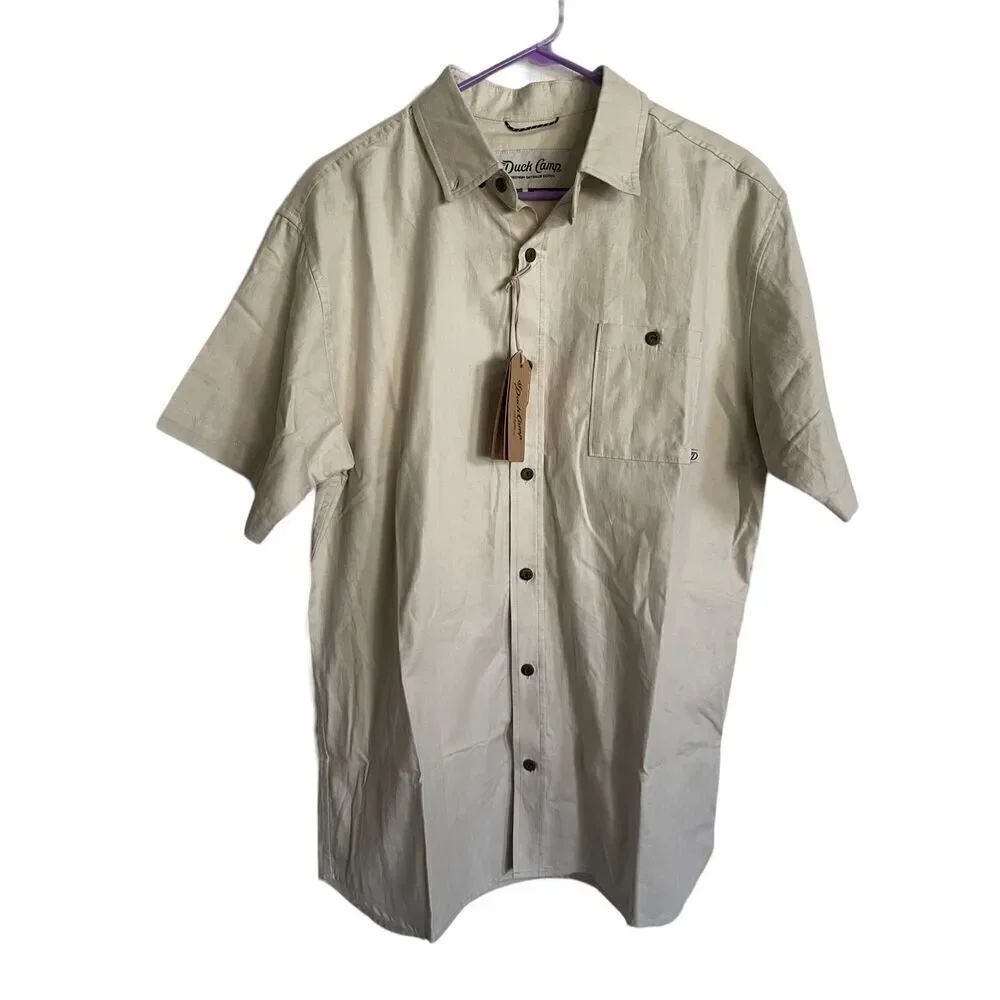 New Duck Camp Mens Tan Cotton Solid Short Sleeve Button Down Shirts Size Large